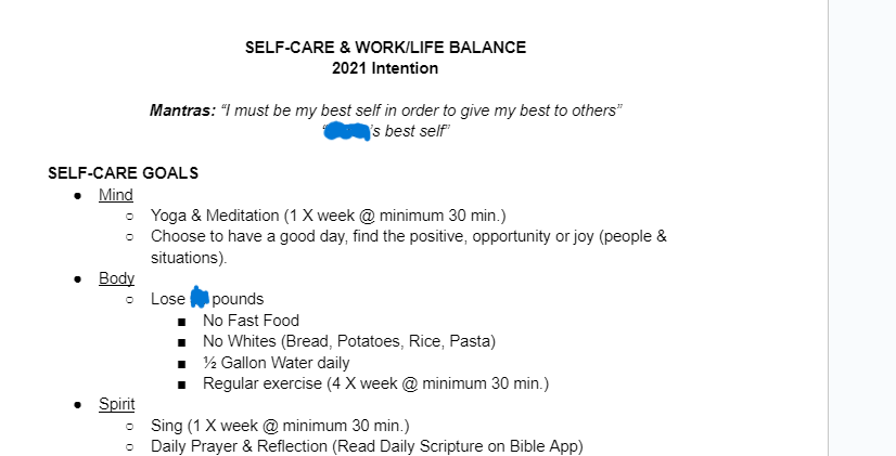 Self-Care & Work/life balance 2021 intention. A client's list of goals to improve her health before working with intuitive eating dietitians. 